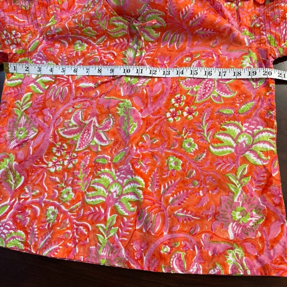 Sohana Moda Top Hand Crafted Bright Floral Tie-Front Puff Sleeves Boho Chic L - Picture 9 of 10